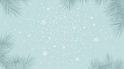 Softly falling snow and delicate pine branches create a serene winter wonderland background