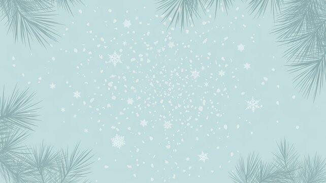 Softly falling snow and delicate pine branches create a serene winter wonderland background