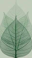 Overlay of green skeleton leaves with intricate vein structure