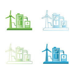 Green energy concept with wind turbine and battery storage systems in four color variations