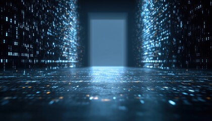 Virtual Binary Code Hologram In Empty Interior: Exploring Ai, Machine Learning, And Multiexposure In A Abstract Virtual Environment.