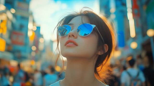 Young woman with blue mirrored sunglasses gazes upward in a bustling, sunlit urban street
