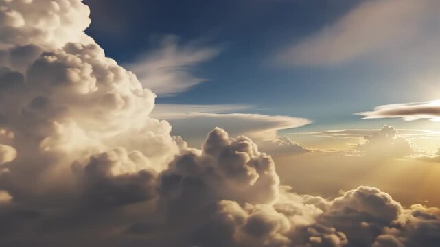 Majestic flight through clouds, capturing golden sunlight and atmospheric phenomena. A serene