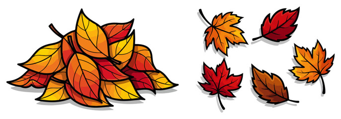 Autumn maple leaves pile and falling set vibrant foliage
