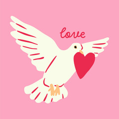 Flying white dove with red heart in beak. Hand drawn Vector illustration. Valentine's Day, love, romance, wedding concept. Print, greeting, postcard template. Isolated design element