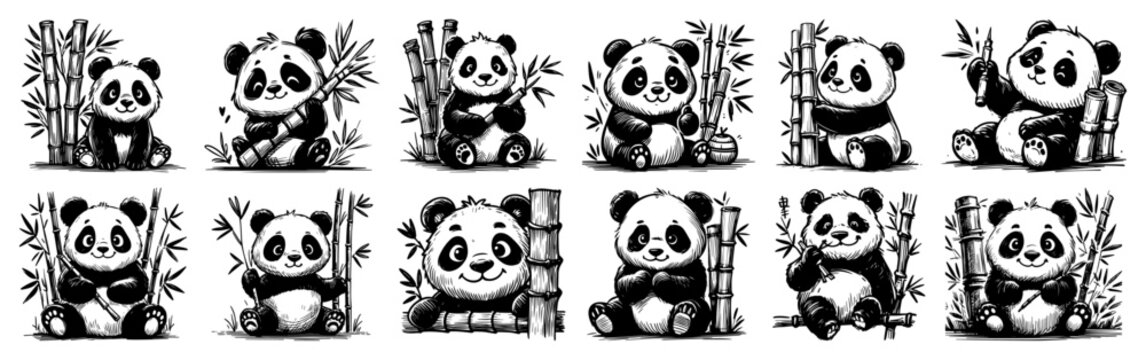 Happy panda portraits framed faces leaning on bamboo