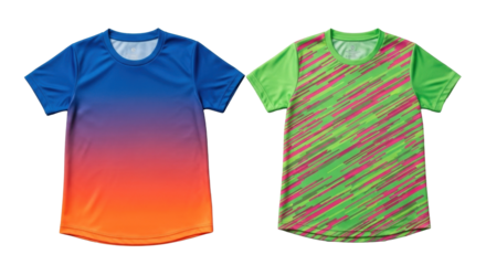 Two colorful athletic shirts with short sleeves and round necklines for sports and fitness.