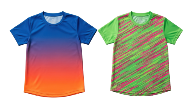 Two colorful athletic shirts with short sleeves and round necklines for sports and fitness. - Powered by Adobe
