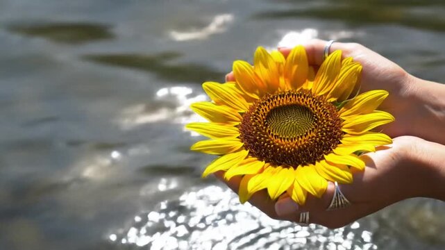 Hands Holding Vibrant Sunflower Over Reflective Water Surface