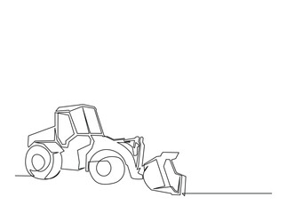 Bulldozer heavy construction vehicle in single outline illustration. Continuous line art drawing of Bulldozer Industrian Vehicle. Editable stroke.