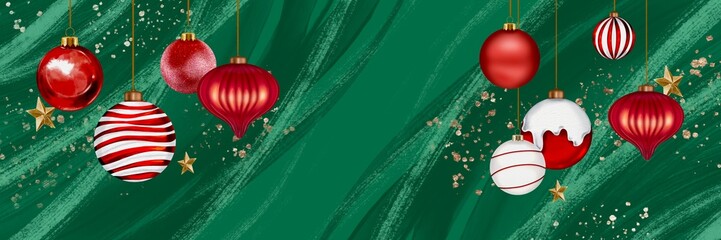 Fototapeta premium Christmas and New Year web banner with abstract green background and hanging red and gold holiday balls for seasonal celebration backdrop. Hand drawn illustration.