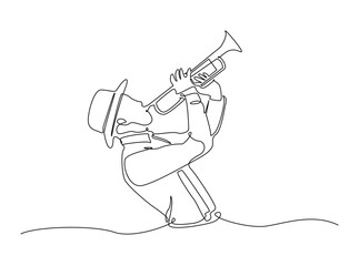 Man holds trumpet in single outline illustration. Continuous line art drawing of Classic Trumpeter . Editable stroke.