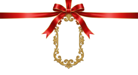 Elegant Gold Frame with Red Ribbon Bow on White Background.