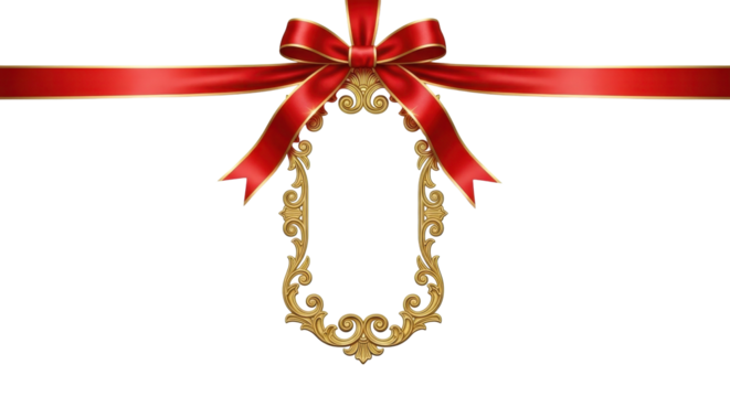 Elegant Gold Frame with Red Ribbon Bow on White Background.