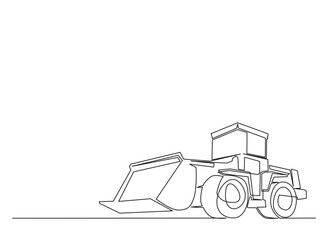 Bulldozer heavy construction vehicle in single outline illustration. Continuous line art drawing of Bulldozer Industrian Vehicle. Editable stroke.