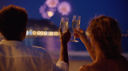 Couple toasting champagne at Copacabana beach on New Year’s Eve.