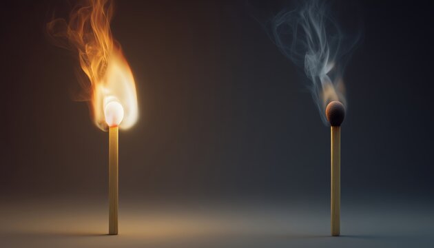 Comparison Between A Burning And A Burned Matchstick: Analyzing The Transformation From Ignition To Ash In Combustible Materials.