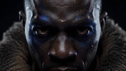 Closeup intense male portrait with makeup. Dark face shows glitter and blue shadow. Model stares into camera with serious gaze. Fashion beauty studio look suitable for commercial. Man exudes strength. - Powered by Adobe