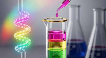 Chemical synthesis and colorful lab fluid mixture process. Advanced research and multi-layered liquid separation. Pipette adding pink liquid to a beaker with different colored layers