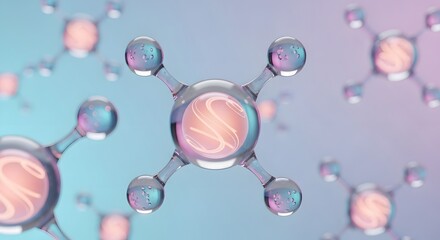 Abstract molecule structure and biotechnology concept. Scientific research into a synthetic material. Close-up of glossy glass atoms with a glowing spiral inside