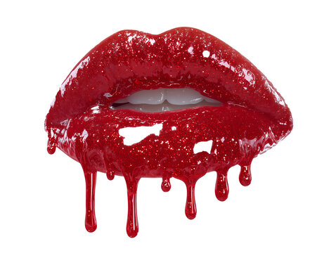 Red lips with dripping glossy glitter on white 
transparent background