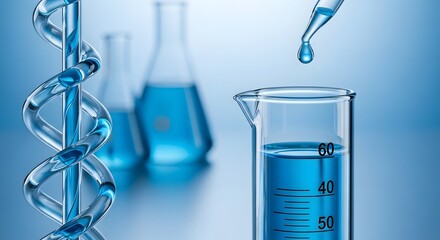 Chemical reaction and advanced biotechnology research. Genetic engineering and scientific analysis. Dropper adding blue liquid to a beaker with a transparent DNA helix