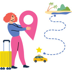 Woman With Pink Hair In Blue Shirt And Pink Pants Holding Large Pink Map Pin Next To Yellow Suitcase With A Yellow Taxi And Star On A Travel Route To A Tropical Island