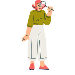 Woman with Pink Hair Wearing Olive Green Shirt and White Pants Holding Magnifying Glass to Her Eye in a Studio Setting with Transparent Background