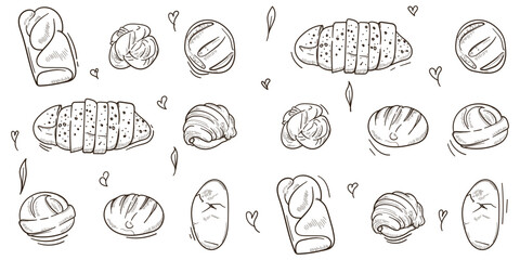 set of bread design in line art hand drawn style with monochrome design isolated on white background