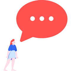 Woman with Red Speech Bubble Over Her Head Thinking About Communication and Ideas on a White Background