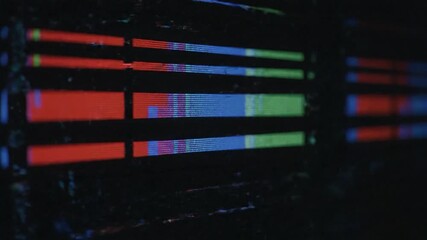 Abstract macro shot of glowing rectangles in multiple colors on a dark background - Powered by Adobe