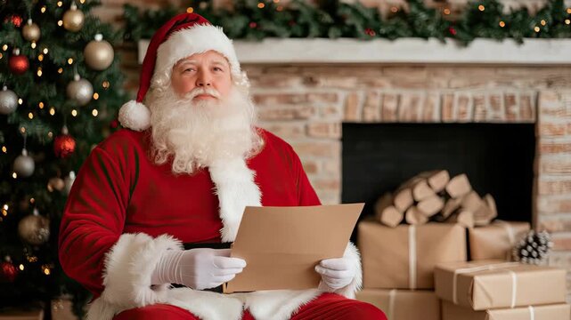 Santa checks his list and prepares for the upcoming holiday season in a cozy, decorated room filled with presents