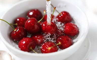 Fresh Cherries Being Washed with Water in a White Bowl, Close-Up View