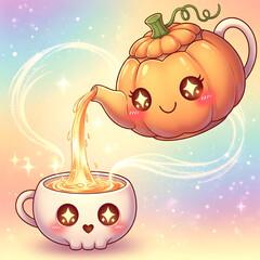 Kawaii pumpkin teapot pouring tea into a skull-shaped teacup, with a whimsical pastel background