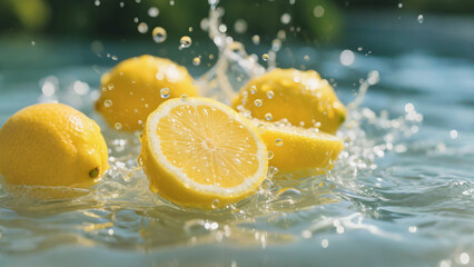 Fresh Lemons Splashing in Water, Capturing Refreshing Summer Vibe