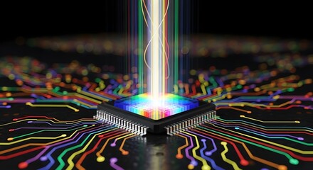 High-speed digital data transfer on a quantum processor. Creative and powerful computing technology. Abstract colorful light beams illuminating a microchip and circuit board