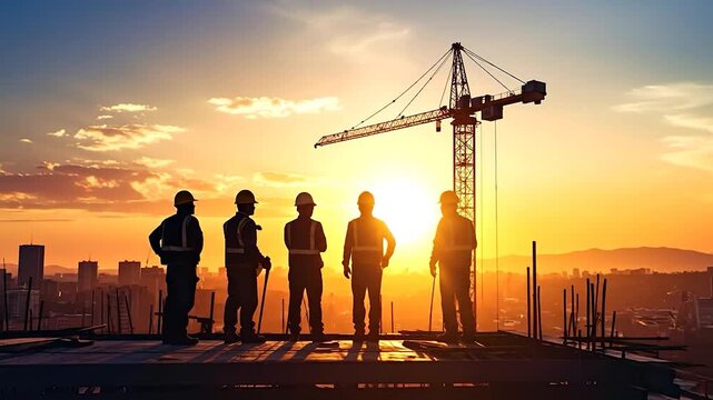 Silhouetted construction workers observe a cityscape at sunset, with crane and skyline