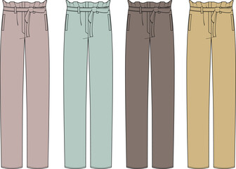 Fashionable paperbag waist trousers in four different colors, presented in a flat lay style