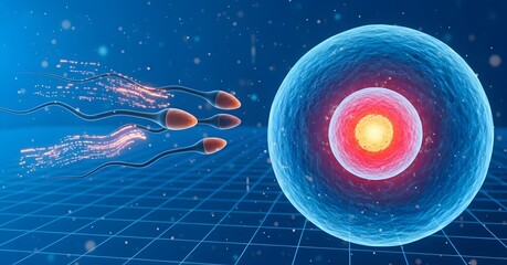 Reproduction and scientific study of human fertilization. Sperm cells moving toward a glowing egg or ovum. Microscopic view of the biological process on a grid background