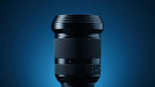 Close-up of a black, cylindrical camera lens with textured grip sections