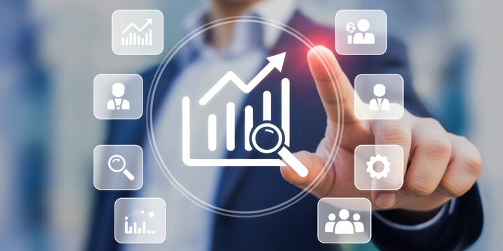 Visionary Touch: A modern professional engages with an augmented interface, his finger pointing towards a rising graph, a testament to data-driven growth and innovation. 