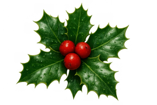 Traditional christmas holly leaves and red berries decorated with water drops, transparent background