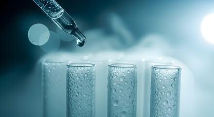Medical and chemical laboratory testing for vaccine creation. Cold chain storage and scientific research. Pipette dripping liquid into chilled glass test tubes with condensation