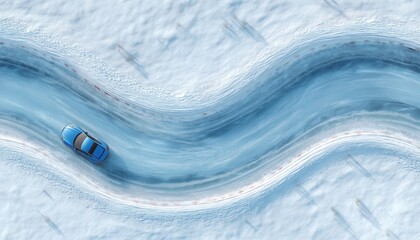 Aerial View Of Blue Car Racing On Snow-Covered Lake Track In Winter. Sport Car Speeding On Icy Path In Race Event.