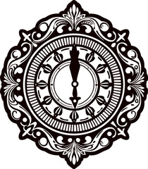 Obraz premium Ornate vintage clock face with intricate floral patterns and classic roman numerals in black and white illustration