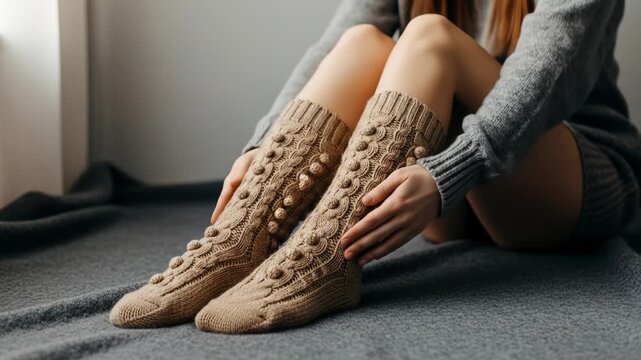 Woman in sweater and textured socks sits on grey blanket, legs crossed