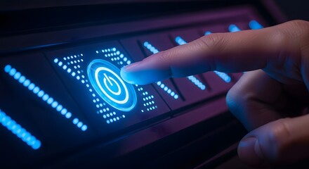 Activating a futuristic smart home or server system. Digital interface and interactive control panel. Finger pressing a glowing blue power button on a hi-tech device