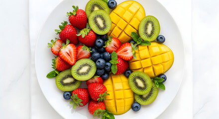 Fresh Fruit Platter with Strawberries, Kiwi, Blueberries, and Mango on White Plate | Healthy Food Still Life for Nutrition, Diet, and Wellness Marketing