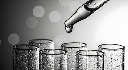 Laboratory experiment and chemical analysis in monochrome. Research, substance purity testing, and science. Dropper adding liquid into chilled glass test tubes with condensation