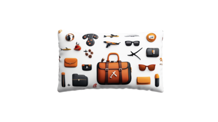 Pillow with travel-themed design and accessories on Transparent Background